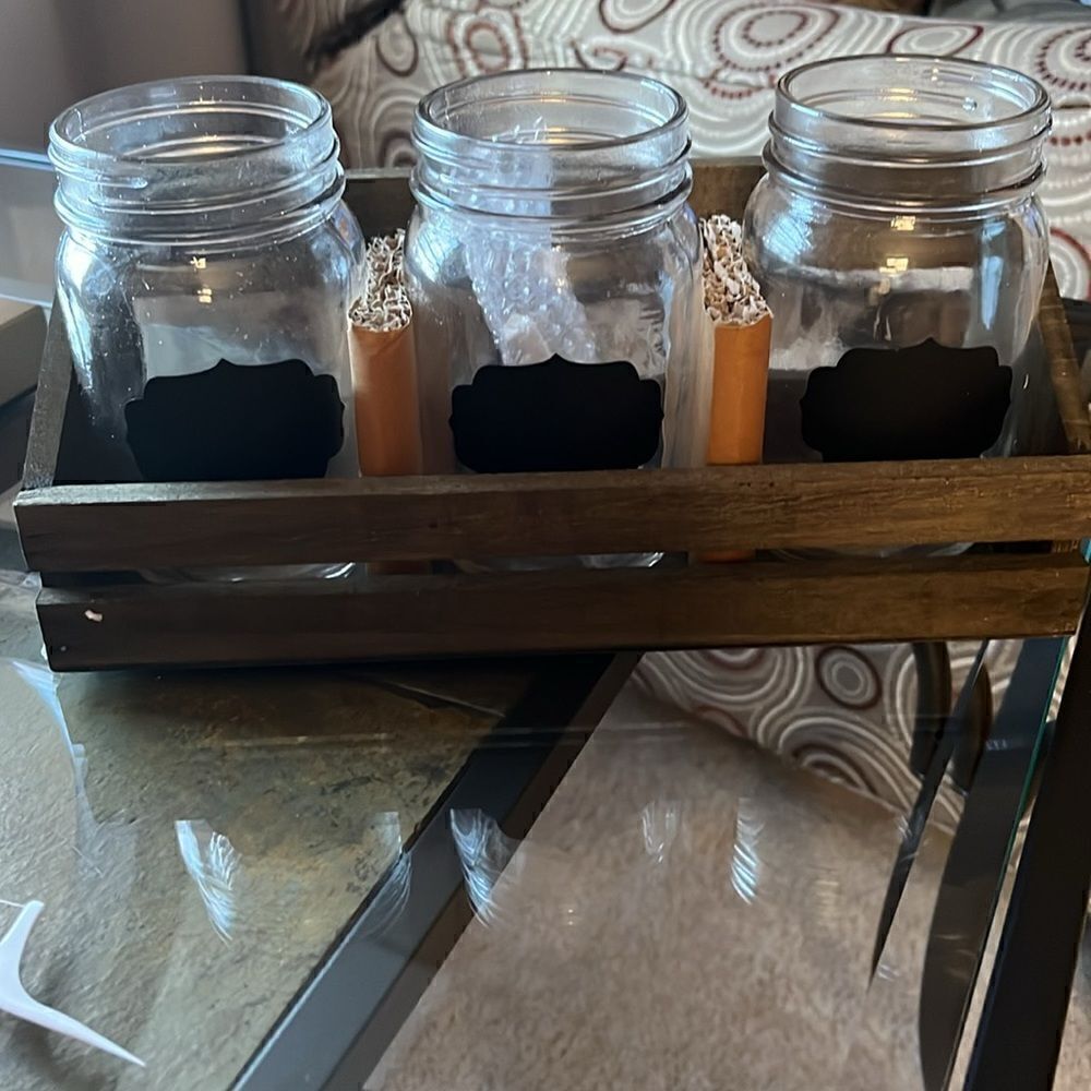 Chalkboard Set of Three Glass Jars With Wooden Tray